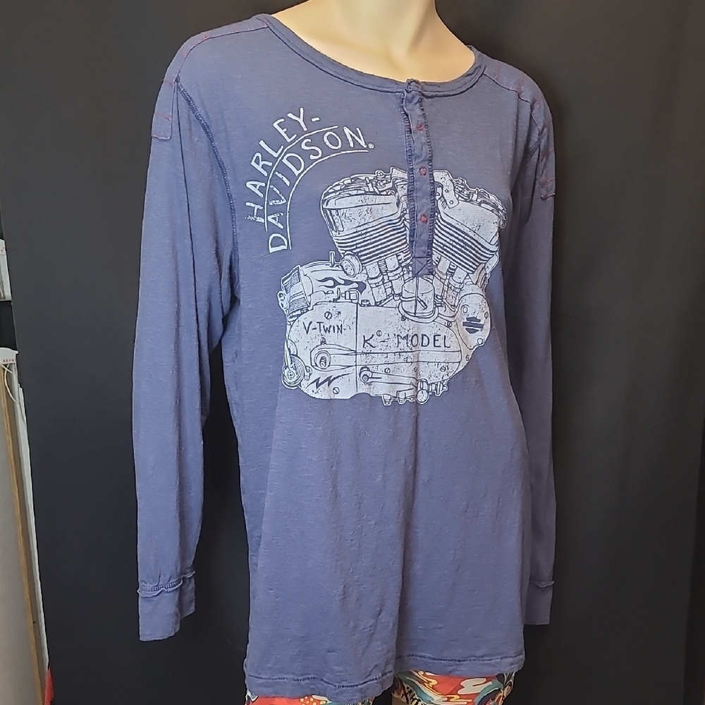 Harley Davidson Men Shirt XL Henley Button Motor Graphic Long Sleeve Blue Biker